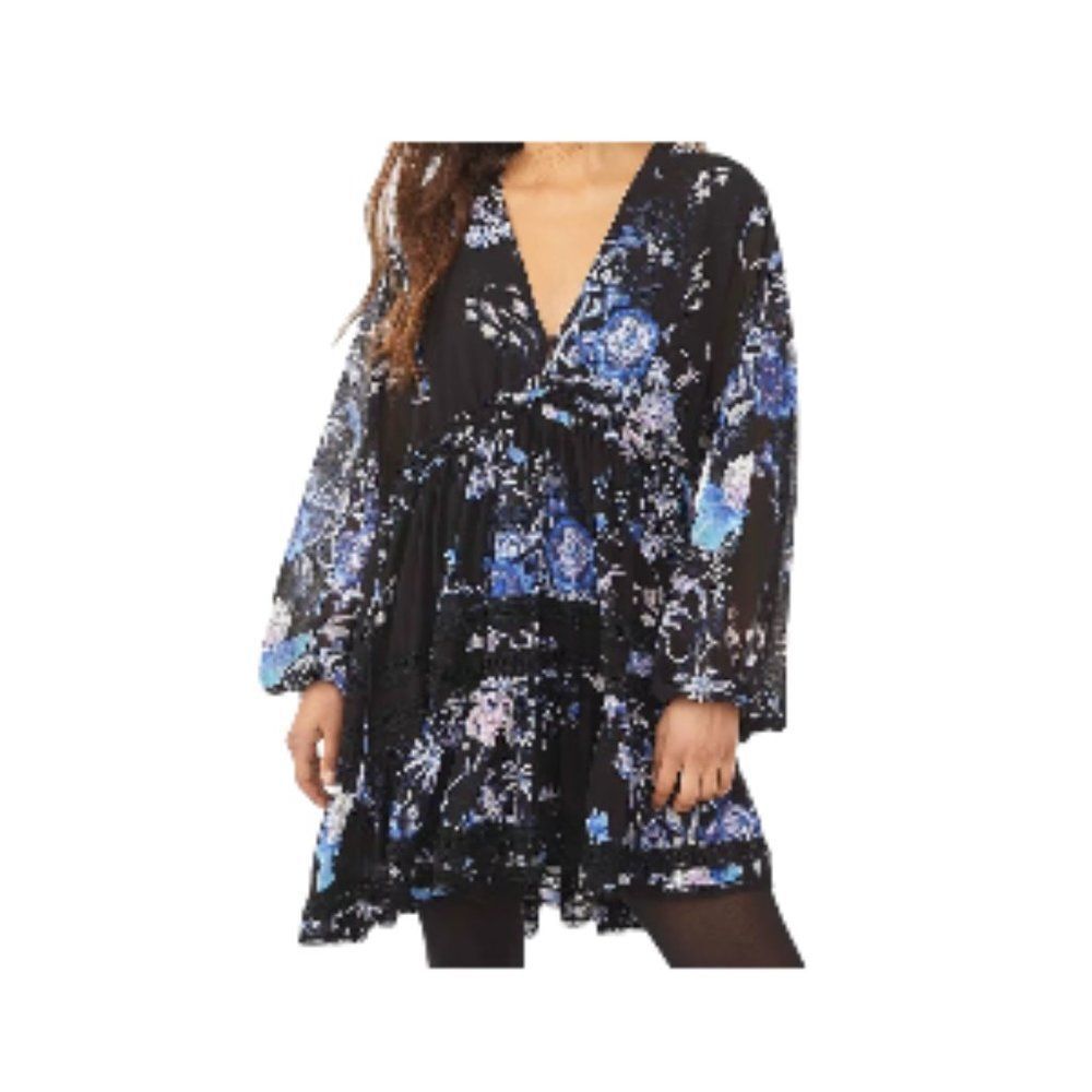 Free People Cherry Blossom Mini Dress Black Combo XL NWT